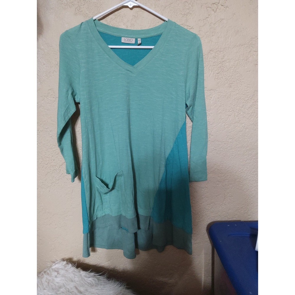 LOGO Lori Goldstein Teal Colorblock V-Neck Tunic Long Sleeve Pocket Top XXS